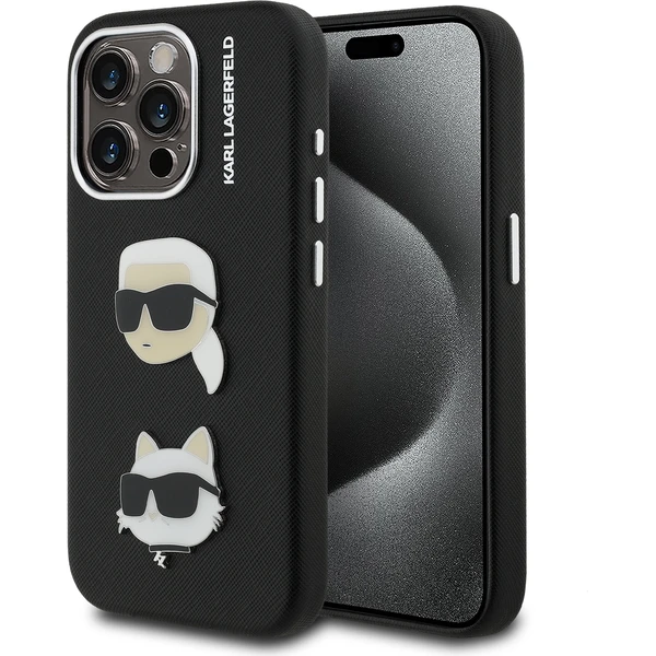 Karl Lagerfeld Grained PU K&CH Heads kryt iPhone 15 Pre čierny - Puzdra - Hlavný obrázok