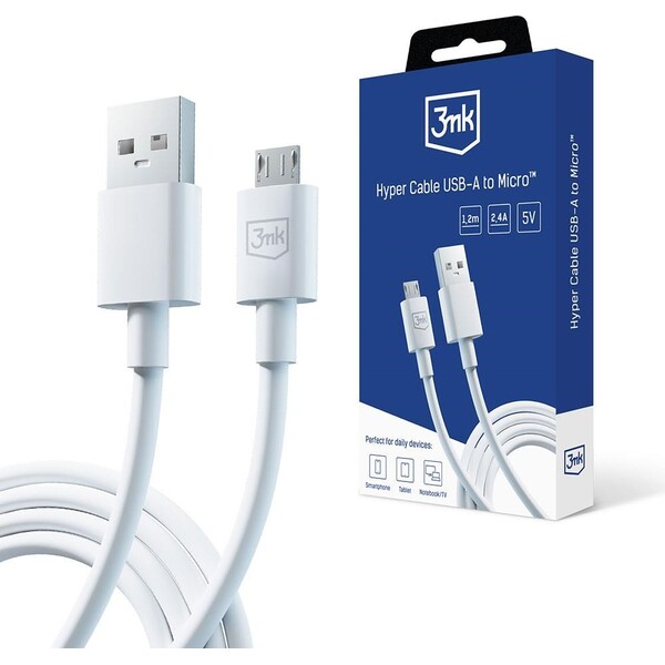 3mk Hyper Cable USB-A/Micro dátový kábel, 1,2m biely