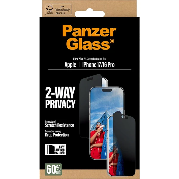 PanzerGlass® Privacy sklo Apple iPhone 17/16 Pro s inštalačným rámčekom - Ochranné fólie a sklo - Obrázok 01KH000K01