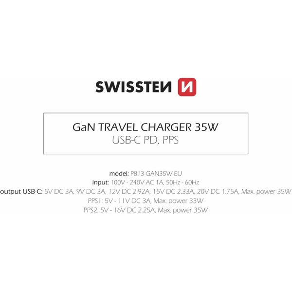Swissten sieťový adaptér GaN 1x USB-C 35W PD biely - Nabíjačky - Obrázok 0477000J01