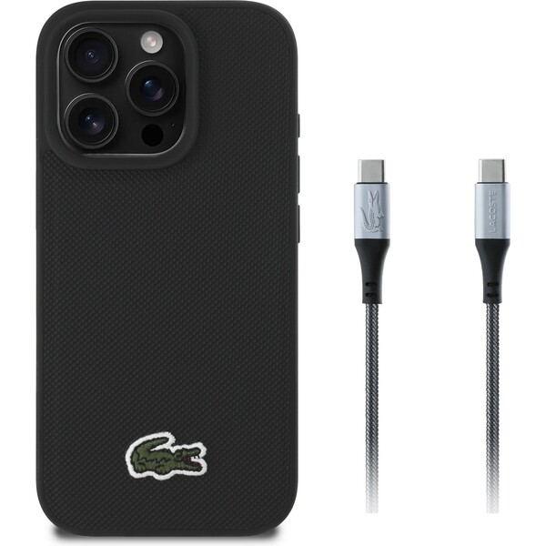 Lacoste Iconic Petit Pique Woven Logo MagSafe Zadný Kryt pre iPhone 16 Pre Black + USB-C/USB-C Datov