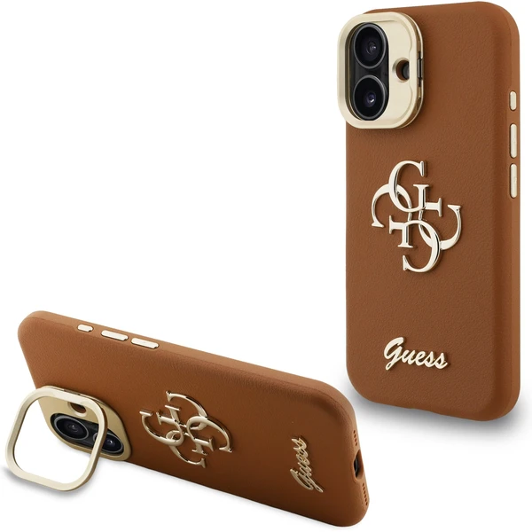 Guess PU Grained 4G Logo Stand Camera Frame kryt iPhone 16 hnedý - Puzdra - Hlavný obrázok