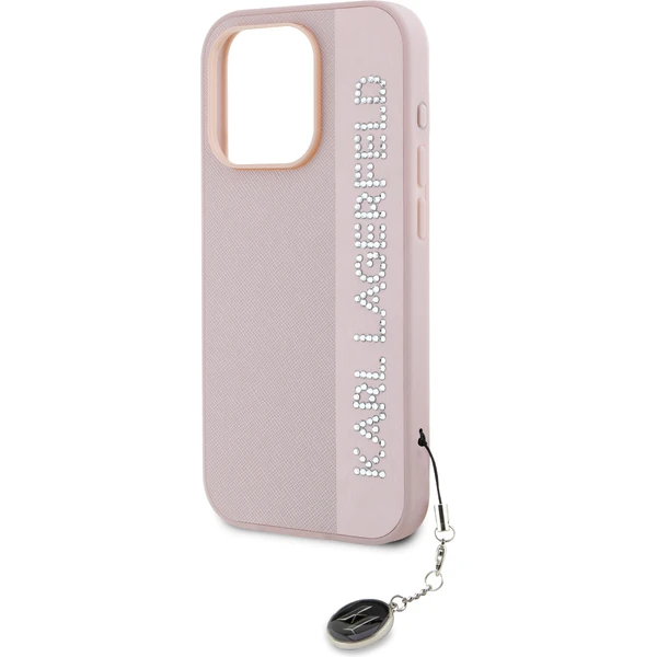 Karl Lagerfeld PU Saffiano Rhinestone Charm zadný kryt iPhone 15 Pro Max ružový - Puzdra - Obrázok 05N5000J01