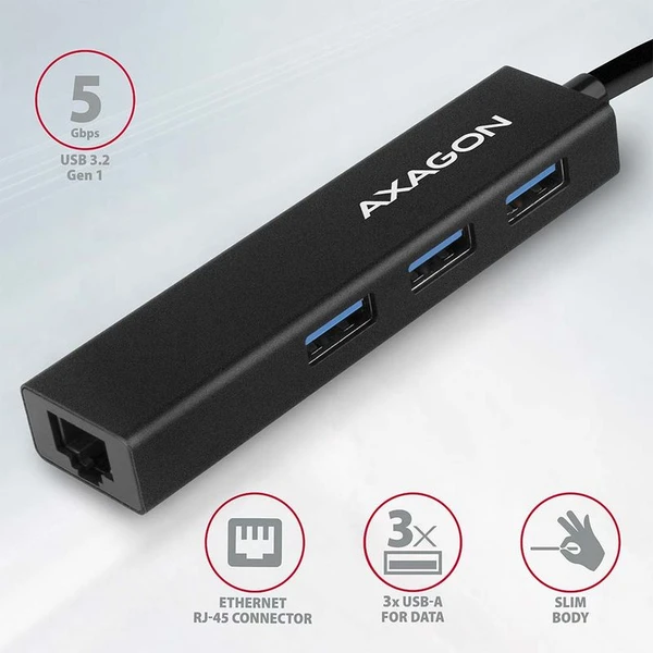 AXAGON HMAGL3A USB 3.2 Gen 1 hub porty 3x USBA + Gigabit Ethernet kovový kábel USBA 20cm - USB huby - Obrázok 087HF00101