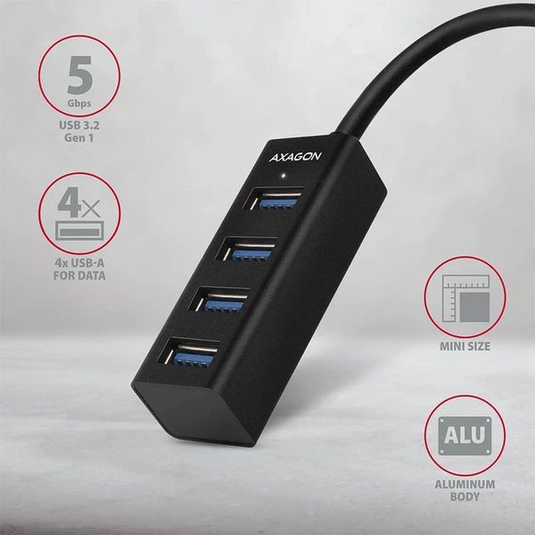 AXAGON HUEM1A 4x USB 3.2 Gen 1 MINI húb kovový kábel USBA 20cm - USB huby - Obrázok 097HF00101