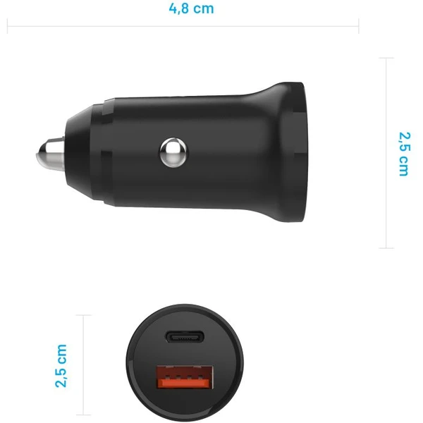 FIXED autonabíjačka s USB-C a USB výstupom a podporou PD, 20W čierna - Nabíjačky - Obrázok 09O2000P01