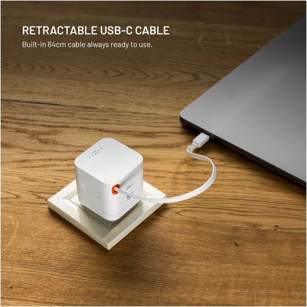 FIXED GaN nabíjačka s 2xUSB-C, PD 3.0, s automaticky navíjacím káblom, 65W, biela - Nabíjačky - Obrázok 09ab58d3d6c44b34972c4b592b0bfd38