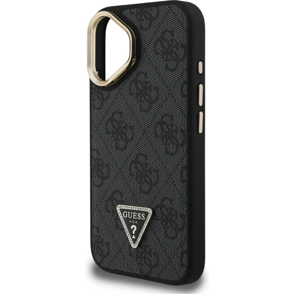 Guess PU 4G Strass Triangle Logo Stand Camera Frame MagSafe kryt iPhone 16 čierny - Puzdra - Obrázok 09bb90ab70a44531999254e411545184
