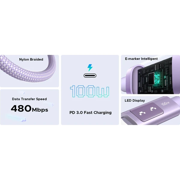 UGREEN Uno USB-C/USB-C napájací kábel 100W 1m fialový - Káble a redukcie - Obrázok 09cd2e45896f4e008b95d208d007ee96