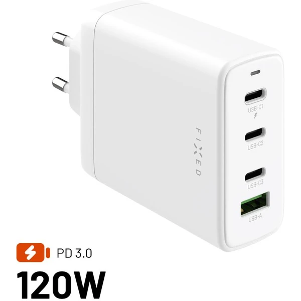 FIXED GaN nabíjačka s 3xUSB-C a USB-A, PD 3.0, 120W, biela - Nabíjačky - Hlavný obrázok