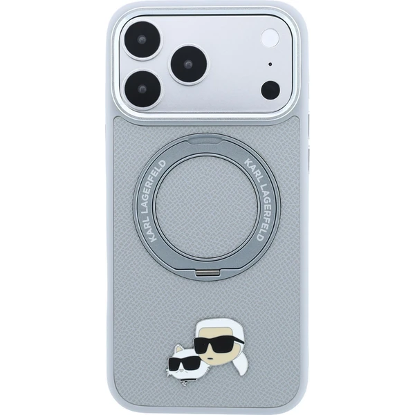 Karl Lagerfeld PU Grained K&CH Heads Ring Stand Magsafe kryt iPhone 18 Pro šedý - Puzdra - Obrázok 09f51c3440294f3aab886e4d4ad63d1a