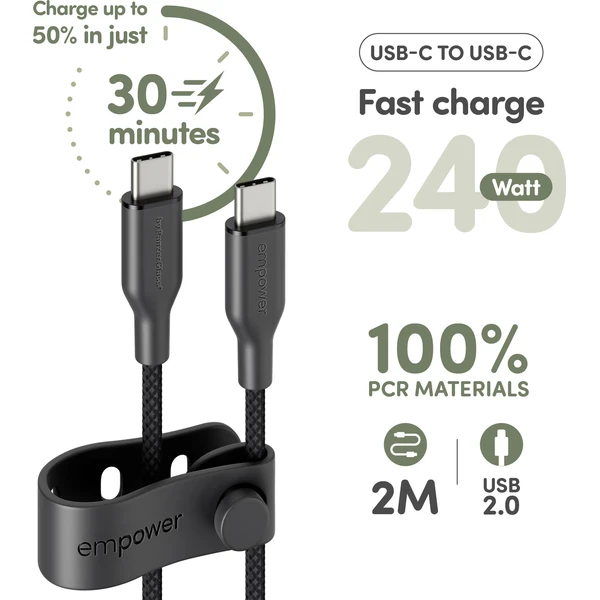 PanzerGlass USB-C/USB-C napájací kábel 240W 2m čierny - Káble a redukcie - Obrázok 0A3J000K01