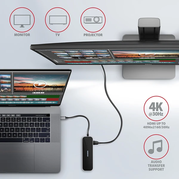 AXAGON USB hub 3x USB-A, HDMI, RJ-45 kábel USB-C - Dokovacie stanice - Obrázok 0B13G00101