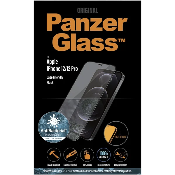 PanzerGlass Edge-to-Edge AntiBacterial sklo Apple iPhone 12/12 Pro čierne - Ochranné fólie a sklo - Obrázok 0B8L500301