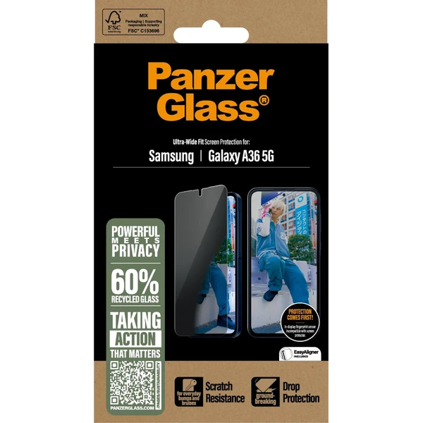 PanzerGlass® Privacy sklo Samsung Galaxy A36 5G s inštalačným rámčekom - Ochranné fólie a sklo - Obrázok 0BUC000K01
