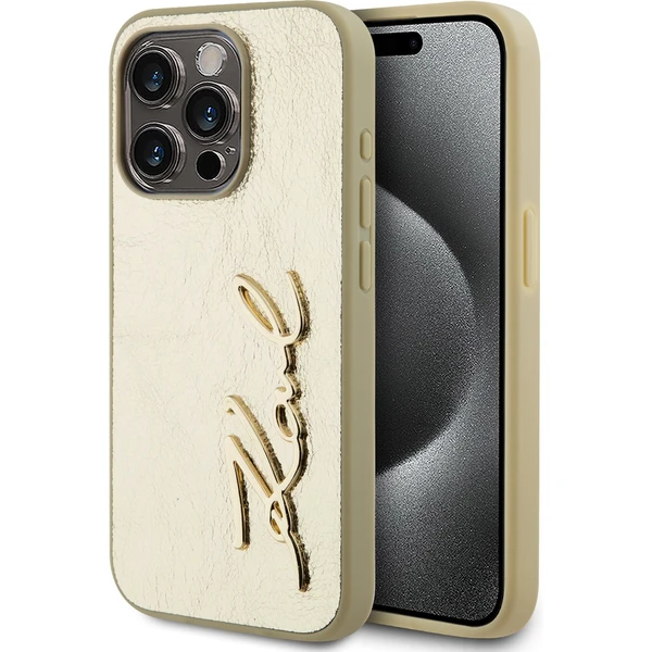Karl Lagerfeld Wrinkled PU Signature Logo zadný kryt iPhone 15 Pro Max zlatý - Puzdra - Hlavný obrázok