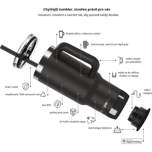 HidrateSpark PRO 2 Tumbler šikovný hrnček, 887 ml čierny - Inteligentné fľaše - Obrázok 0W2H000K01