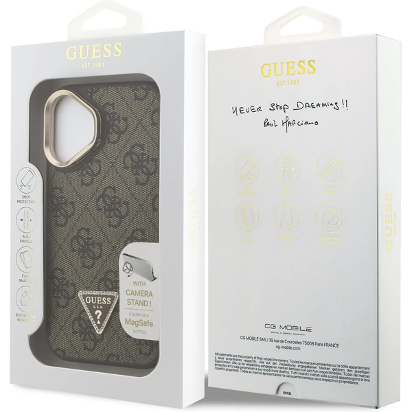 Guess PU 4G Strass Triangle Logo Stand Camera Frame MagSafe kryt iPhone 16 hnedý - Puzdra - Obrázok 0a5402aba7c3428ca88730755773a091