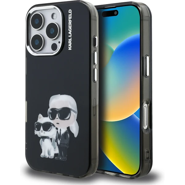 Karl Lagerfeld IML Aquarelle Karl and Choupette kryt iPhone 16 Pre čierny - Puzdra - Hlavný obrázok