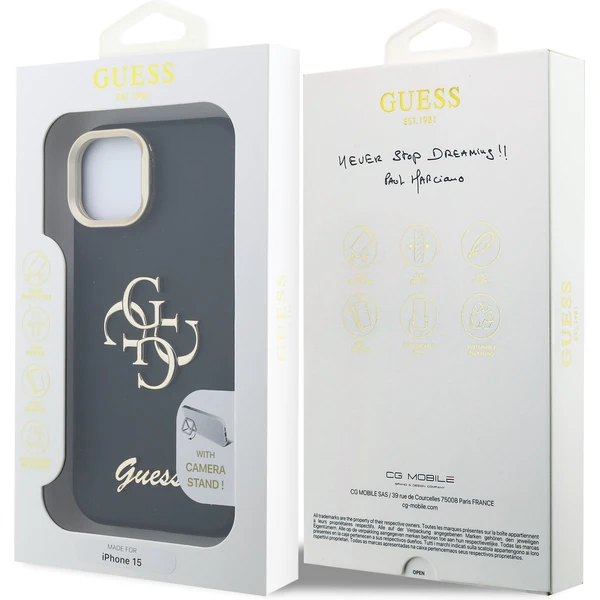Guess PU Grained 4G Logo Stand Camera Frame kryt iPhone 15 čierny - Puzdra - Obrázok 0c4cabb21748405abc8c01683c503ac0