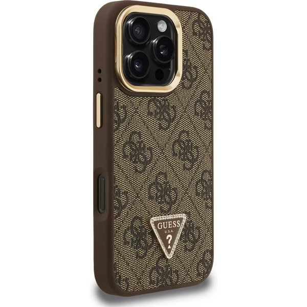 Guess PU 4G Strass Triangle Logo Stand Camera Frame MagSafe kryt iPhone 16 Pre hnedý - Puzdra - Obrázok 0de45bd11a124a28a677537498d31696