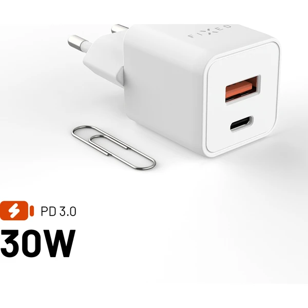 FIXED Mini GaN nabíjačka s USB-C/USB-A (30W) PD biela - Nabíjačky - Hlavný obrázok