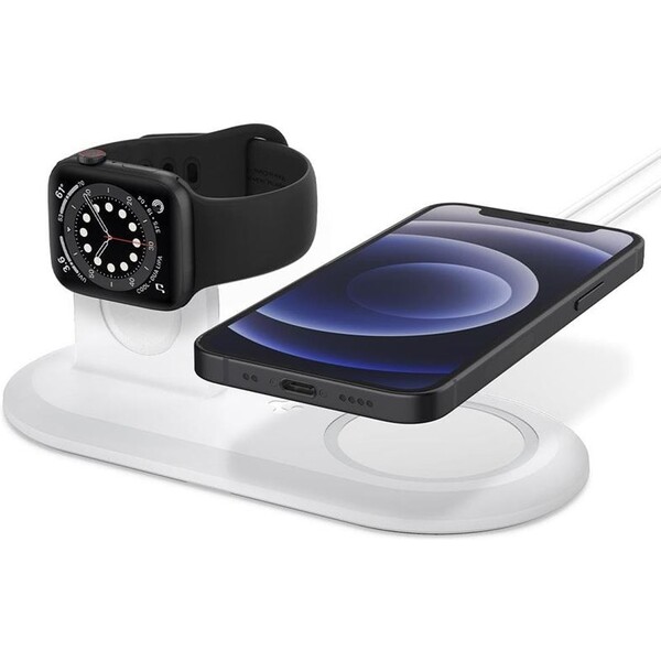 E-shop Spigen 2v1 MagFit Duo stojanček pre Apple Watch a iPhone biely