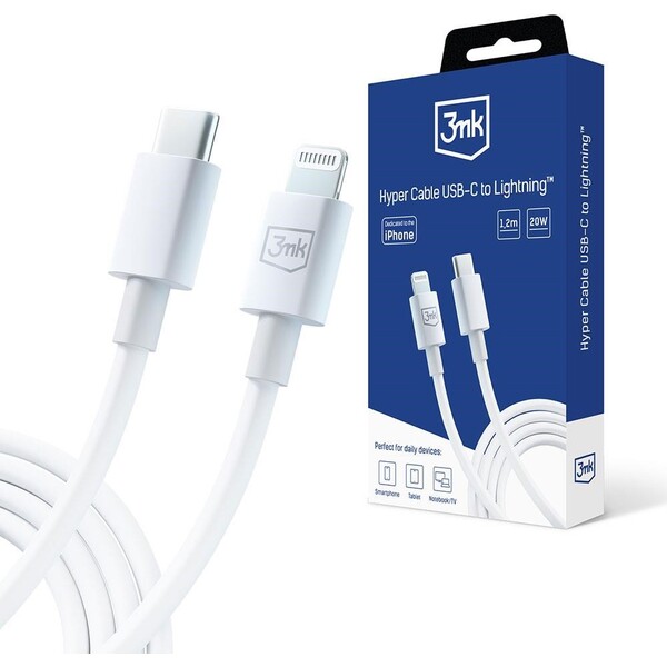 3mk Hyper Cable USB-C/Lightning dátový kábel, 20W, 1,2m biely