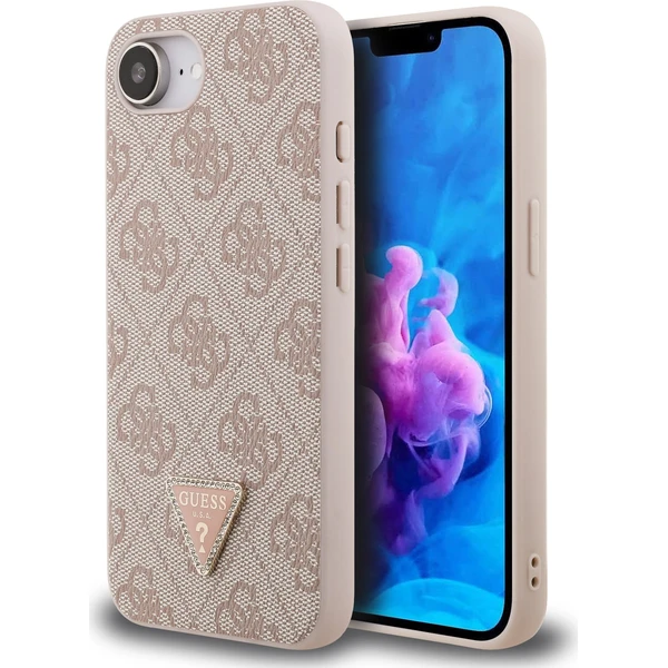 Guess PU 4G Strass Trojuholník Kovové Logo kryt iPhone 17e/16e ružový - Puzdra - Hlavný obrázok