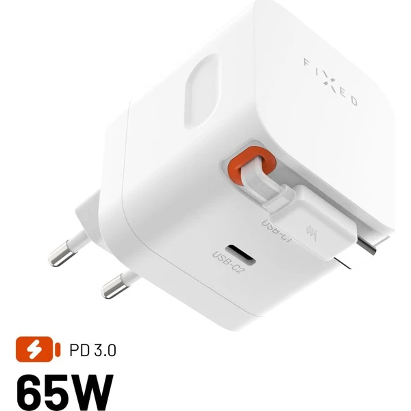 E-shop FIXED GaN nabíjačka s 2xUSB-C, PD 3.0, s automaticky navíjacím káblom, 65W, biela