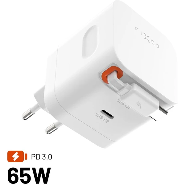 FIXED GaN nabíjačka s 2xUSB-C, PD 3.0, s automaticky navíjacím káblom, 65W, biela - Nabíjačky - Hlavný obrázok