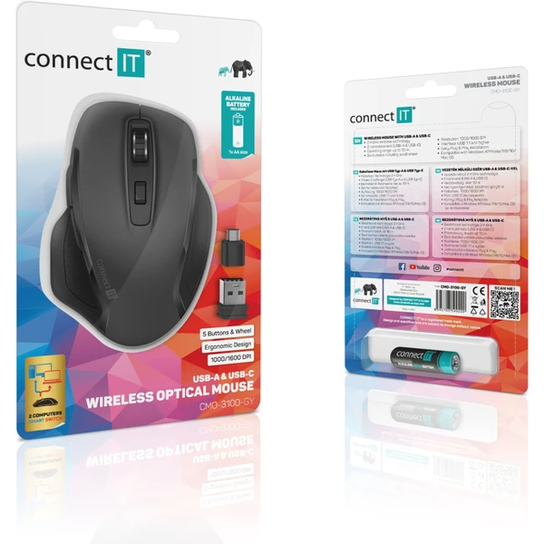 CONNECT IT Dual SmartSwitch bezdrôtová myš, USB-A + C (+1x AA batéria zadarmo) sivá - Myši - Obrázok 13N0000P01