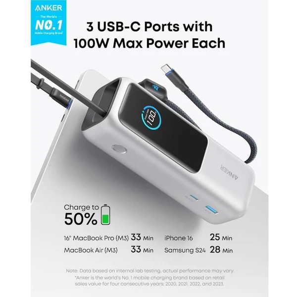 Anker Zolo powerbanka (25000mAh) 165W, s káblom USB-C strieborná - Powerbanky - Obrázok 151f6cf5b9d64be387d706844e16fd20