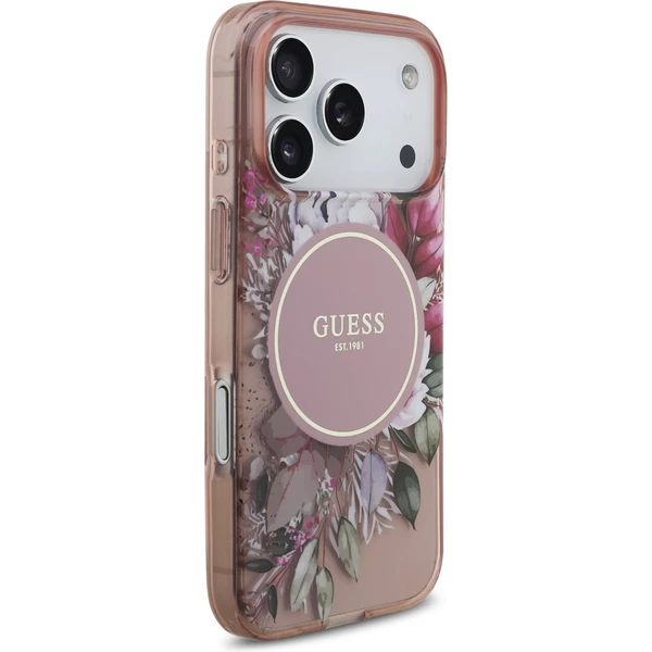Guess IML Flowers Strap MagSafe kryt iPhone 17 Pro ružový - Puzdra - Obrázok 17986cdf10134462a544119455806a15
