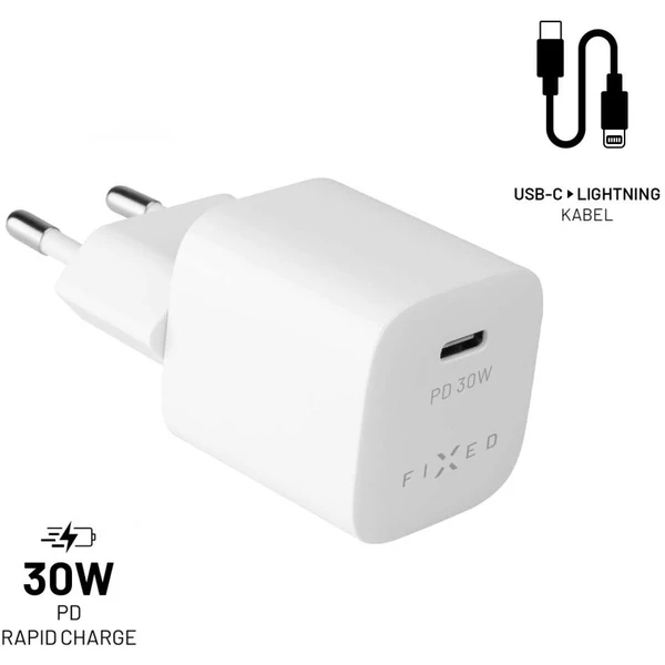 FIXED Mini set sieťovej nabíjačky s USB-C výstupom a USB-C/Lightning kábla, podpora PD, 1.2 meter, M - Nabíjačky - Hlavný obrázok