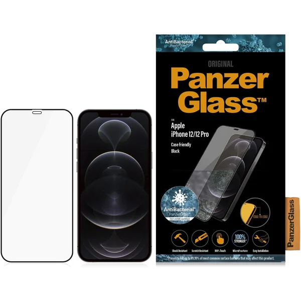 PanzerGlass Edge-to-Edge AntiBacterial sklo Apple iPhone 12/12 Pro čierne - Ochranné fólie a sklo - Obrázok 1B8L500301