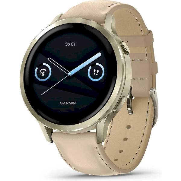 E-shop Garmin Venu 4 (41 mm) Zlaté / Biely silikónový remienok a Light Sand kožený remienok
