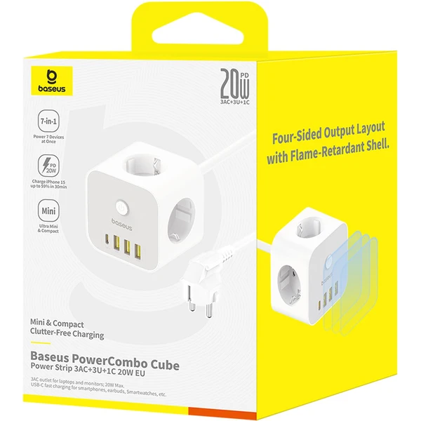 Predlžovací kábel Baseus PowerCombo Cube 3x zásuvka + 3x USB + 1x USB-C 20W 1.5m biely - Nabíjačky - Obrázok 1FGE000L01