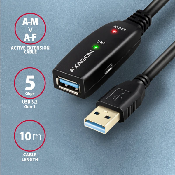AXAGON ADR-310 USB-A/USB-A predlžovací kábel 10m čierny - Káble a redukcie - Obrázok 1IS6000701