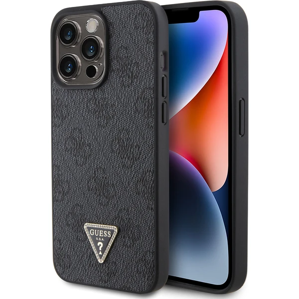 Guess PU 4G Strass Triangle Metal Logo kryt iPhone 15 Pro Max čierny - Puzdra - Hlavný obrázok