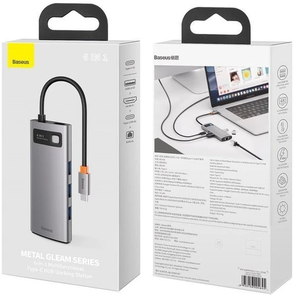 BASEUS HUB Metal Gleam Series 6-in-1 Multifunctional Type C Docking Station CAHUB-CV0G Gray - USB huby - Obrázok 1T51000701