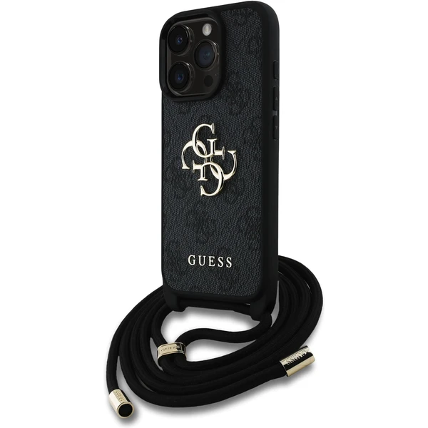 Guess PU 4G Metal Logo Crossbody popruh kryt iPhone 15 Pre čierny - Puzdra - Hlavný obrázok