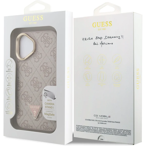 Guess PU 4G Strass Triangle Logo Stand Camera Frame MagSafe kryt iPhone 16 ružový - Puzdra - Obrázok 1c816ece308c4873a8829a4480b85b48