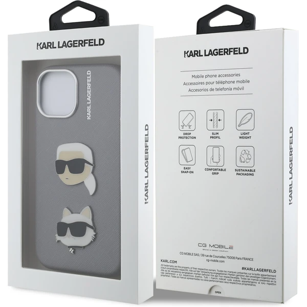 Karl Lagerfeld Grained PU K&CH Heads kryt iPhone 15 sivý - Puzdra - Obrázok 1dbea33b06404583997aa3bea46df780