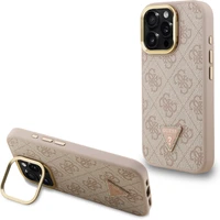 Guess PU 4G Strass Triangle Logo Stand Camera Frame MagSafe kryt iPhone 16 Pre ružový - Puzdra