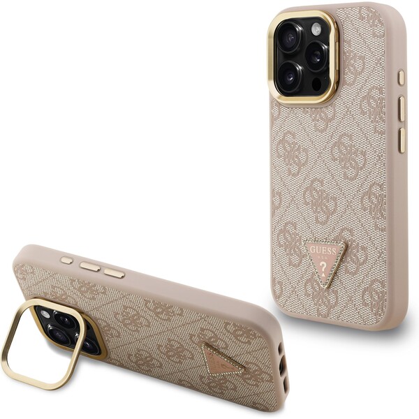 Guess PU 4G Strass Triangle Logo Stand Camera Frame MagSafe Zadný Kryt pre iPhone 16 Pro Pink