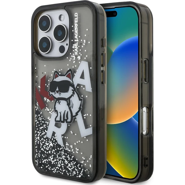 Karl Lagerfeld Liquid Glitter Scattered Chúpette kryt iPhone 16 Pre Max čierny - Puzdra - Hlavný obrázok