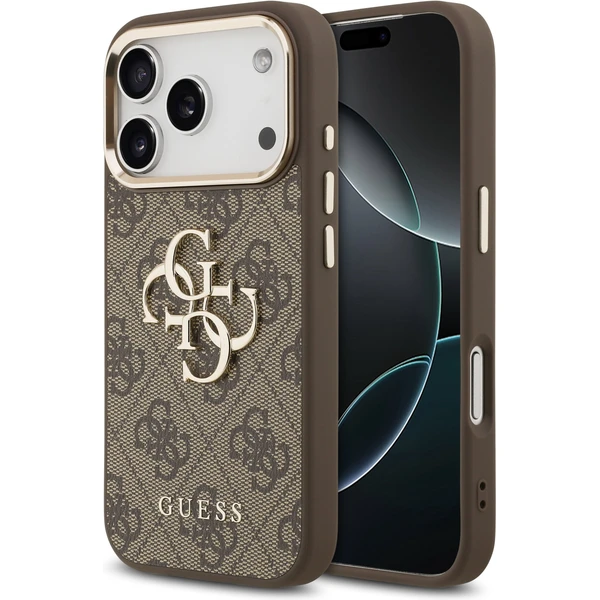 Guess PU Leather 4G Metal Logo Gold Frame MagSafe kryt iPhone 17 Pro Max hnedý - Puzdra - Hlavný obrázok