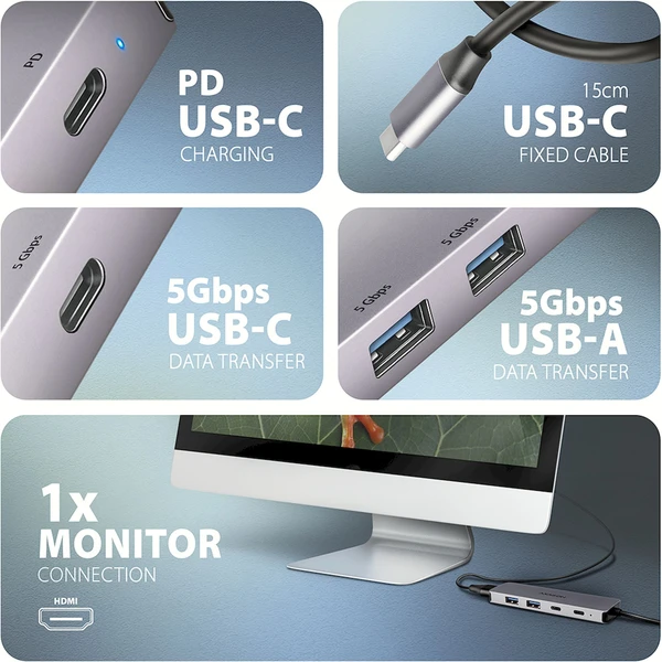 AXAGON HMC-5H60 5v1 USB-C húb - Dokovacie stanice - Obrázok 215D000N01