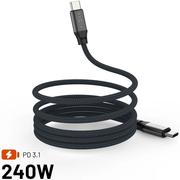 FIXED magnetický USB-C/USB-C kábel s opletením a Power Delivery, 1.2m, 240W, USB 2.0, sivý - Káble - Hlavný obrázok
